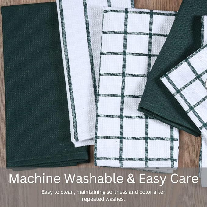 Assorted Waffle Kitchen Towels 100% Cotton Set of 6 - Heavy Duty 320 GSM Quality Dish Cloths Towel - Soft Absorbent Washable for Kitchen Use - Quick Drying Dish Towel 16x26 inch Green