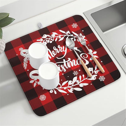 Merry Christmas Dish Drying Mat for Kitchen Counter, Red Buffalo Plaid Kitchen Drying Mat Microfiber Absorbent Dishes Pad Winter Xmas Dish Drainer Rack Mats Fast Dry Kitchen Accessories 16”x18”