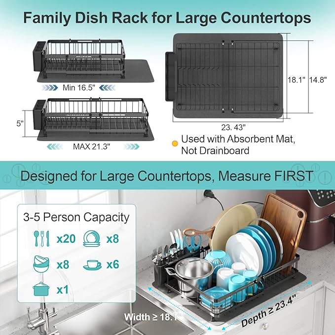 GSlife Family Size Large Capacity Expandable Dish Drying Rack with Absorbent Mat, Rust Resistant Dish Drainer for Plates Bowls Pots and Pans, 16.5"-21.3" L x 14.7" W, Black