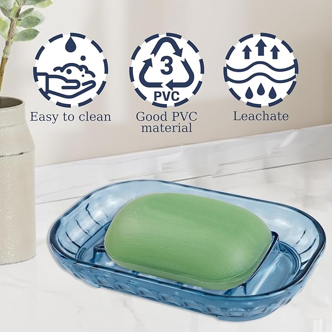 2 Pack Bar Soap Dish Holder, Plastic Clear Waterfall Soap Tray Dryer, Self Draining Soaps Saver for Shower, Kitchen Sink, Bathroom Restaurant Counter, Hotel (Blue)