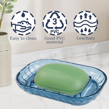 2 Pack Bar Soap Dish Holder, Plastic Clear Waterfall Soap Tray Dryer, Self Draining Soaps Saver for Shower, Kitchen Sink, Bathroom Restaurant Counter, Hotel (Blue)
