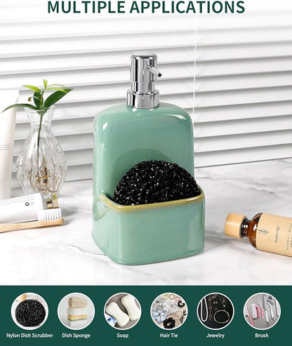 BosilunLife Dish Soap Dispenser - Sage Green Ceramic Kitchen Soap Dispenser with Sponge Holder Matte Ceramic Soap Daddy Dispenser 20oz for Kitchen Soap Pump and Sponges Caddy