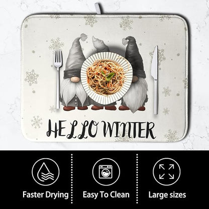 Winter Gnome Dish Drying Mat for Kitchen Counter 18x24 Christmas Snowflakes Santa Kitchen Drying Mat Hello Winter Dish Drainer Mat Super Absorbent Dish Rack Mat for Coffee Bar Countertop