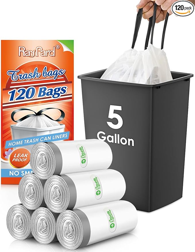 5 Gallon 120 Counts Strong Drawstring Trash Bags Garbage Bags by RayPard, Small Plastic Trash Bags fit 18-20L Trash Can for Home Office Kitchen Bathroom Bedroom, White Waste Basket Liners