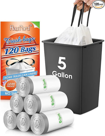5 Gallon 120 Counts Strong Drawstring Trash Bags Garbage Bags by RayPard, Small Plastic Trash Bags fit 18-20L Trash Can for Home Office Kitchen Bathroom Bedroom, White Waste Basket Liners