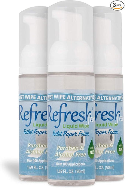 Refresh Liquid Wipe Free - Toilet Paper Foam for Sensitive Skin - Flushable Wet Wipe Alternative - Cleanses & Soothes with Witch Hazel & Aloe - Alcohol & Paraben Free, 50ml (1.69 Fl Oz) (3 Pack)