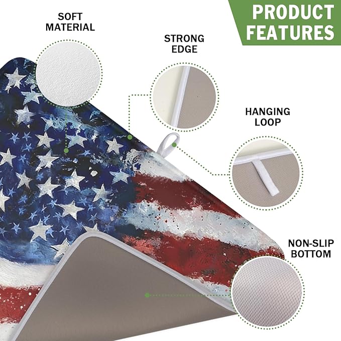 4th of July Dish Drying Mat 18x16 Inch, Patriotic Drying Mat with Absorbent Reversible Microfiber, Independence Day Dish Drainer Mats Memorial Day Rack Pad for Coffee Countertop Kitchen Protector