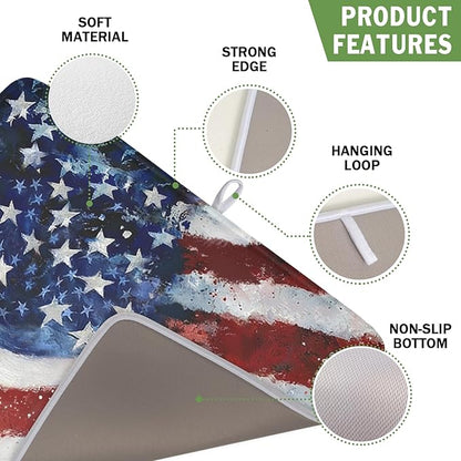 4th of July Dish Drying Mat 18x16 Inch, Patriotic Drying Mat with Absorbent Reversible Microfiber, Independence Day Dish Drainer Mats Memorial Day Rack Pad for Coffee Countertop Kitchen Protector