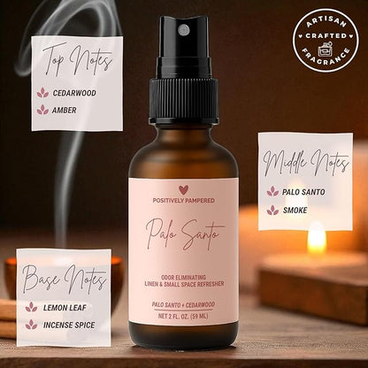 Palo Santo Luxury Small Space Air & Linen Freshener Spray - Palo Santo + Cedarwood - Artisan Blended Home Fragrance - Non Toxic Room Spray + Odor Eliminator - 2 oz Travel Size