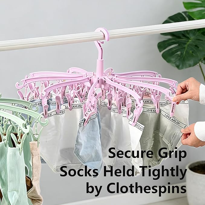 Foldable Drying Rack with 40 Clips for Drying Socks Lingerie Baby Clothes Drying Towels Rotatable Sock Drying Rack（Pink）