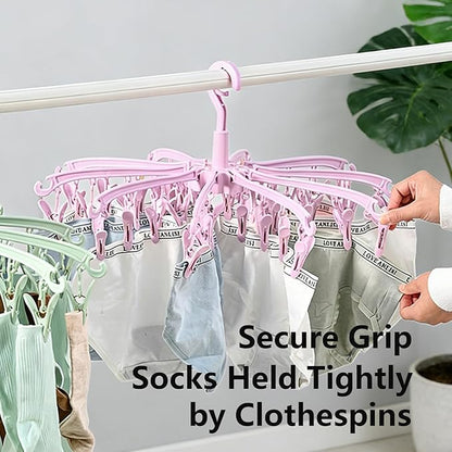 Foldable Drying Rack with 40 Clips for Drying Socks Lingerie Baby Clothes Drying Towels Rotatable Sock Drying Rack（Pink）