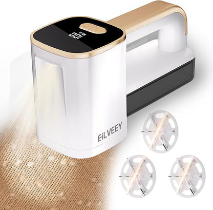 EiLVEEY Rechargeable Lint Remover, Fabric Shaver Fuzz Remover, Sweater Shavers with 6-Leaf Blades, 3-Speeds Digital LED Display to Remove Pilling for Clothing and Furniture, Lint Ball, White
