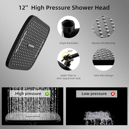 12" Rain Shower Head with Handheld Spray, Rainfall Shower Head with Handheld Combo, 11" Stainless Steel Extension Arm with Height & Angle Adjustable High Pressure Showerheads, Matte Black