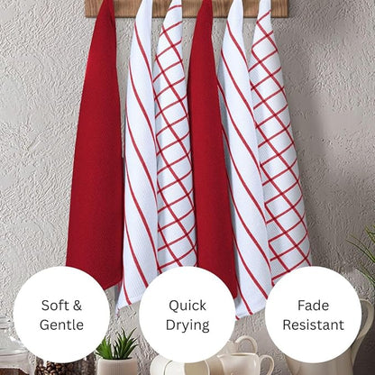 Assorted Waffle Kitchen Towels 100% Cotton Set of 6 - Heavy Duty 320 GSM Quality Dish Cloths - Soft Absorbent Washable for Kitchen Use - Quick Drying Dish Towel 16x26 inch Red