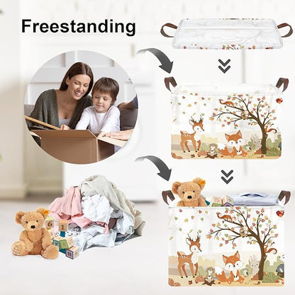 Clastyle Autumn Forest Animals Baby Laundry Hamper Maple Tree Kid Storage Basket Boys Girls Gift Toy Box Collapsible Clothes Organizer Nursery Bin for Bedroom,Fox Squirrel,40 * 30 * 30 cm