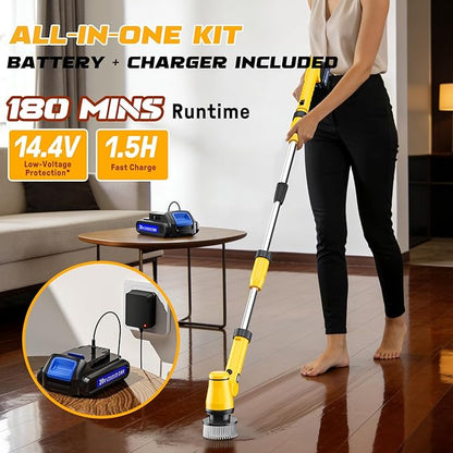 Electric Spin Scrubber Kit with 2.0Ah Battery and Charger, Ecarke 1100RPM Cordless Cleaning Brush 4-Stage Handle, 8 Cleaning Heads for Bathroom/Floor/Tub/Tile, 2 Speeds (680-1100 RPM)