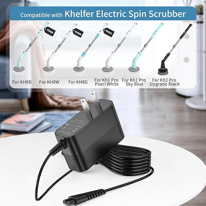 Charger for Khelfer Electric Spin Scrubber Kh8 Pro, 9V Charger Power Cord Compatible with Kh8 Series Kh1 Pro Kh2 Pro KH8W KH8B KH8G AC DC Power Supply Adapter