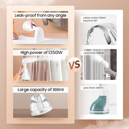 Handheld Portable Garment Steamer for Clothes - 1350W Clothes Steamer Remove Wrinkles for All Fabrics, 15S Fast Heat-Up, Make Clothes Soft & Smooth