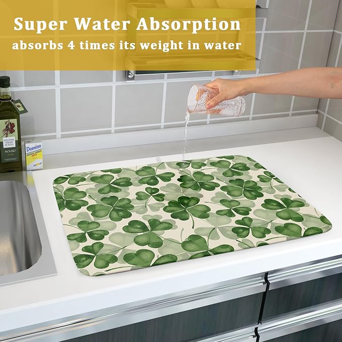 St Patrick's Day Dish Drying Mat for Kitchen Counter 18x24 Saint Patricks Clover Shamrock Green Print Absorbent Reversible Microfiber Drying Mats Kitchen Countertop Protector Dishes Drainer Rack Pad