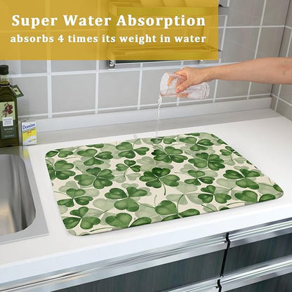 St Patrick's Day Dish Drying Mat for Kitchen Counter 18x24 Saint Patricks Clover Shamrock Green Print Absorbent Reversible Microfiber Drying Mats Kitchen Countertop Protector Dishes Drainer Rack Pad