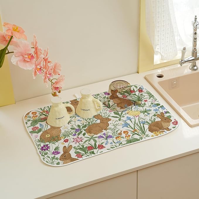 Spring Dish Drying Mat 18x24 Inch Easter Rabbit Bunny Floral Drying Mat Sage Green Wildflower Holiday Absorbent Dish Drying Pad Dish Rack Drainer Mats for Kitchen Dining Counter