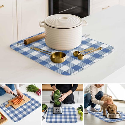 Dish Drying Mat Buffalo Plaid Blue Check Drying Mats for Kitchen Counter Farmhouse Style Absorbent Microfiber Dish Drainer Quick Drying Coffee Mat with Hanging Loop, 16 x18 inch