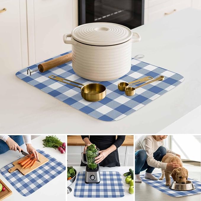 Dish Drying Mat Buffalo Plaid Blue Check Drying Mats for Kitchen Counter Farmhouse Style Absorbent Microfiber Dish Drainer Quick Drying Coffee Mat with Hanging Loop, 18 x24 inch