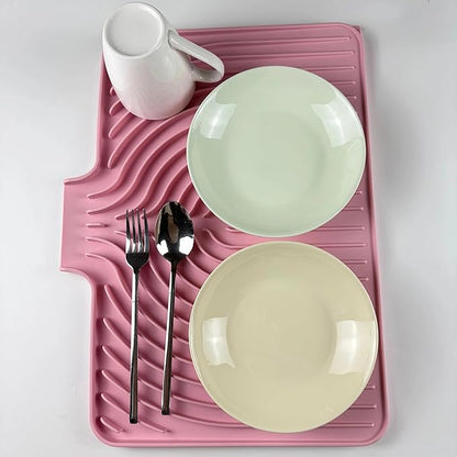 Dish Drying Mat for Kitchen Counter, with Built-in Drain Lip, Food-Grade Silicone, Easy Clean Pad for Countertop Protection, Multi-Functional Use (18x11.8, Pink)