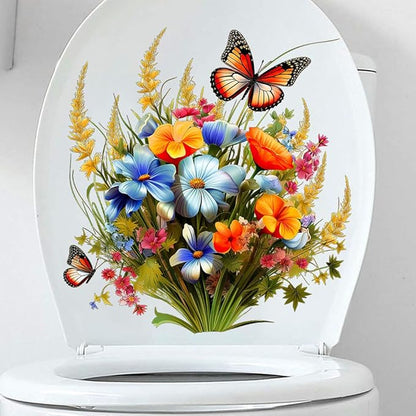 Toilet Stickers Bathroom Wall Decor Flowers Green Plant Butterflies Vinyl Sticker Wall Decals Peel and Stick Wall Stickers for Living Room Bedroom, Bathroom Self-Adhesive Toilet Seat Decals Decor