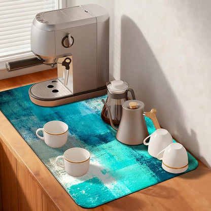 MCALK Turquoise Coffee Mat for Kitchen Counter, Teal Dish Drying Pad with Anti-Slip Rubber Base, Absorbent Kitchen Sink Mat with Abstract Art Decor,Turquoise 12"x20"