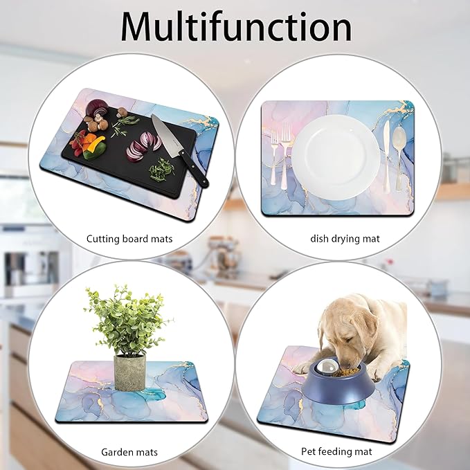 Dish Drying Mat for Multiple Usage. Super Absorbent, Easy clean, Quick dry, Cocina Accesorios for Kitchen Counter or Faucet Sink, Coffee bar, Refrigerator or Air fryer liners, 2 Pack Colorful Marble
