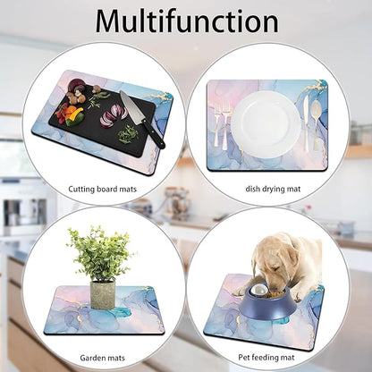 Dish Drying Mat for Multiple Usage. Super Absorbent, Easy clean, Quick dry, Cocina Accesorios for Kitchen Counter or Faucet Sink, Coffee bar, Refrigerator or Air fryer liners, 2 Pack Colorful Marble