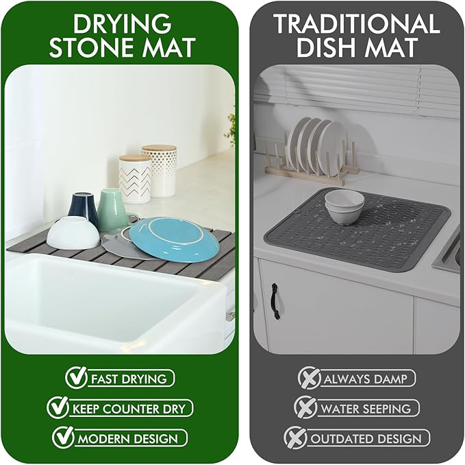 Oxydrily Stone Dish Drying Mat for Kitchen Counter,Large Dark Gray Foldable Diatomaceous Earth Dish Drying Mat,Quick-Dry Absorbent Bath & Countertop Stone Dishes Mats for Dishes Bottles Cups 23"x15.3"