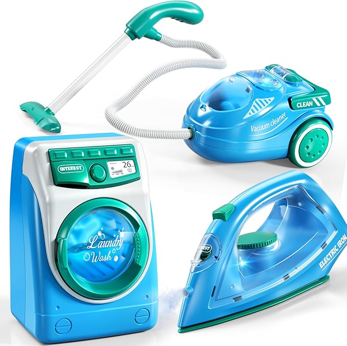 Toy Cleaning Set for Toddlers 1-3, Kids Cleaning Toy with Toddler Vacuum Cleaner, Toy Washing Machine, Small Iron, Light and Sound, Pretend Play Birthday Gifts for 3 4 5 6 7 8 Year Old Girl