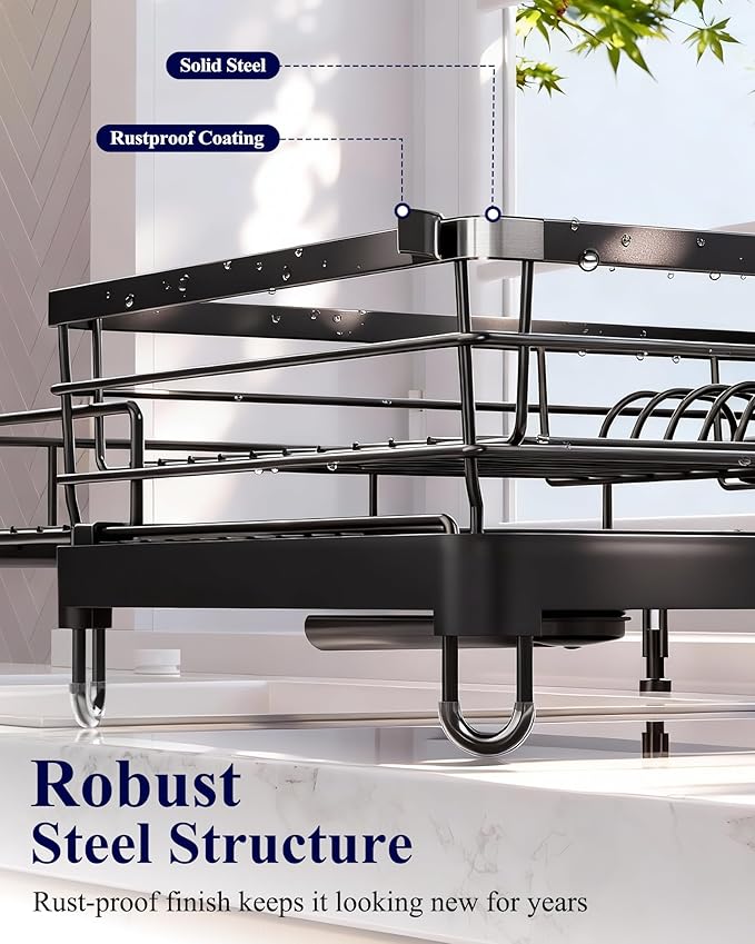 Kitsure Extendable Dish Drying Rack - Rust-Resistant Dish Racks for Kitchen Counter with Adjustable Support Legs, Cutlery Holder & Removable Draining Tray (Black, 15.6''-25.2''L × 16.9''W × 8.1''H)