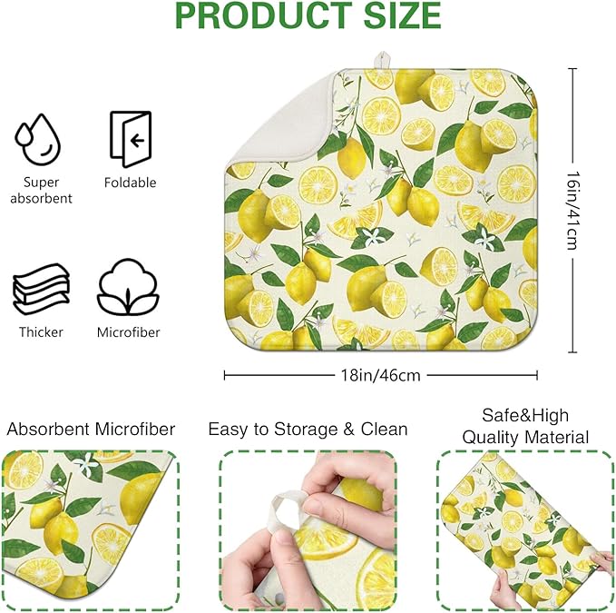 Dish Drying Mat Drainer Pads - Extra Large Microfiber Drying Mats for Dishes Kitchen Counter Super Absorbent Pads for Draining Racks (Yellow,16"x18" )
