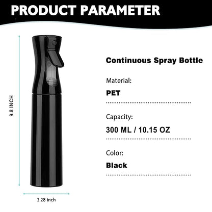 Spray Bottle for Hair (10.15OZ /300ML) Continuous Ultra Fine Mist Sprayer for Hair, Salons, Barber, Plants, Skin Care, Cleaning Black