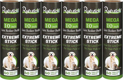10 inch Mega All-Purpose Pet Hair Lint Roller Refills Compatible with Evercare Mega Roller 10'' Wide Ultra Sticky 60 Sheets Each Refill (Pack of 6, 360 Sheets Total)