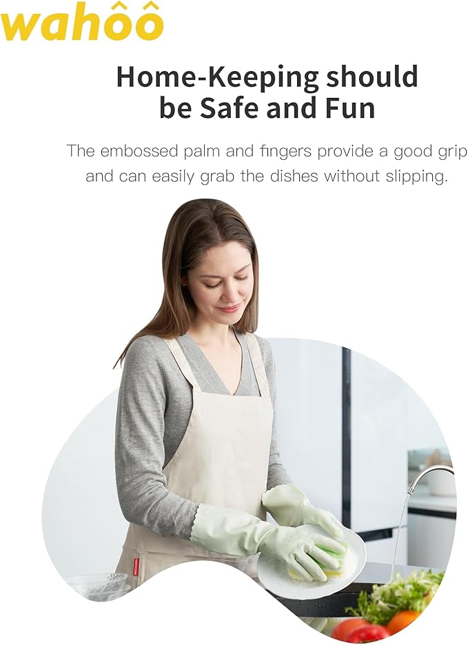 wahoo Skin-Friendly Cleaning Gloves, Reusable Dishwashing Gloves with Flocked Cotton Liner, Dishwashing, Kitchen, Canary Green, Small