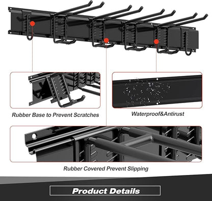 Sttoraboks Garage Tool Storage Rack, Heavy Duty Garage Storage Organizer Rack System Wall Mounted Tool with 6 double hooks, 2 rails, Garden Yard Tools Hanger Rack for Ski Gears, Broom, Rake,Shovel