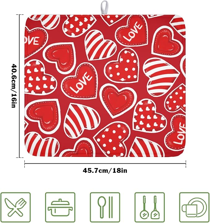 Valentines Day Dish Drying Mat for Kitchen Counter Red Polka Dot Stripe Love Heart Pattern Drying Mat 16x18 Inch Valentines Holiday Absorbent Dish Drainer Mat Kitchen Accessories