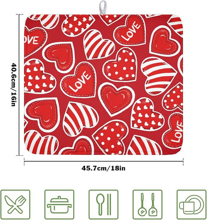 Valentines Day Dish Drying Mat for Kitchen Counter Red Polka Dot Stripe Love Heart Pattern Drying Mat 16x18 Inch Valentines Holiday Absorbent Dish Drainer Mat Kitchen Accessories