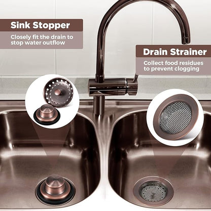 Mudder 3 Pcs Kitchen Sink Drain Strainer and Stopper Stainless Steel Garbage Disposal Plug with Handle Universal Anti-Clogging Kitchen Sink Filter Sieve Basket Strainer(Antique Copper)
