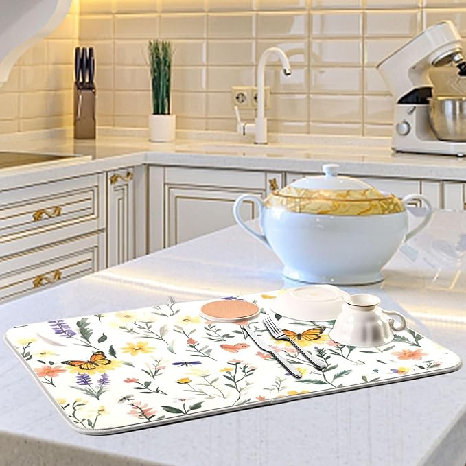 Watercolor Flowers Absorbent Dishes Drainer/Rack Mat for Countertop Small Size 16 x 18, Microfiber Dish Drying Pads Kitchen Counter Draining Pad