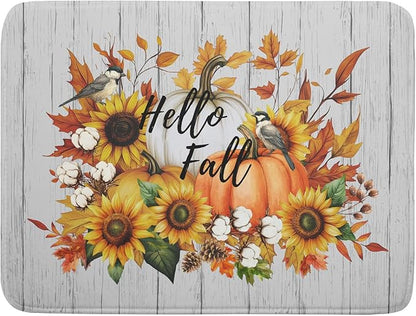Hello Fall Sunflowers Dish Drying Mat for Kitchen Counter,Autumn Pumpkin Maple Leaves Drying Mat 18 x 24 Inch with High Absorbent Microfiber Dish Drying Drainer Mat for Coffee Bar