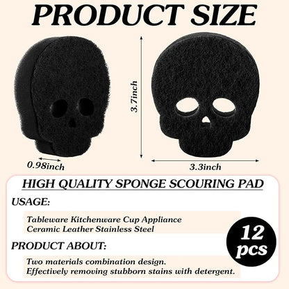 Tioncy 12 Pack Skull Sponges Bulk Gothic Dual Sided Scrubber Black Skull Sponges Reuseble Non Scratch Dishwashing Kitchen Cleaning Accessories for Cookware Pot Boiler Pan Household
