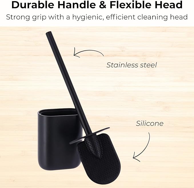 Oval Black Toilet Brush and Holder Set - Minimalist Polyresin Base, Stainless Steel Handle, Silicone Head - Japandi Collection