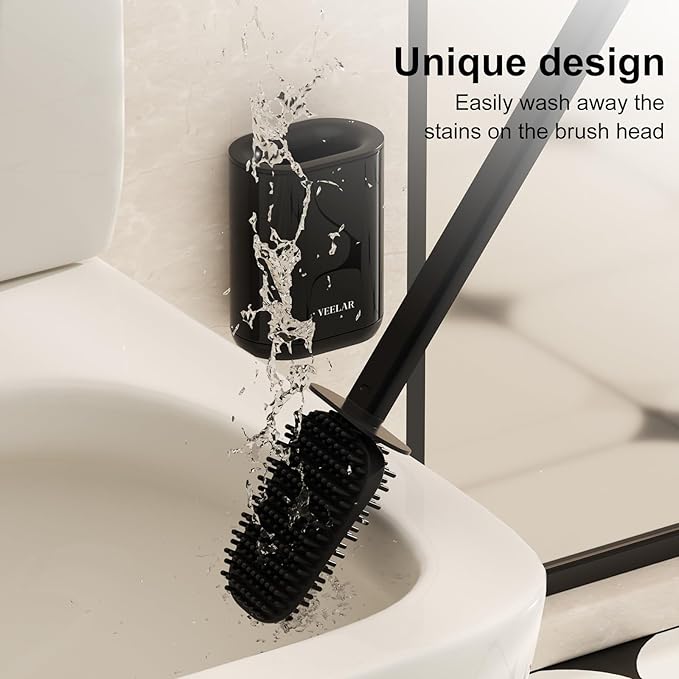Toilet Brush and Holder Set - Wall Mounted Bathroom Scrub Brush, Toilet Bowl Brush and Plunger Set for Bathroom Cleaner (Black)