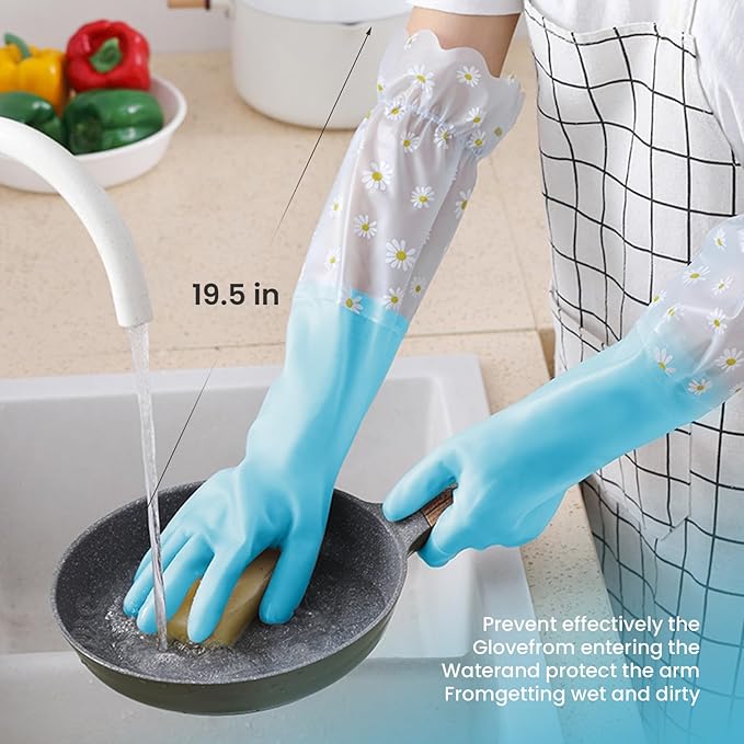 KAQ Dishwashing Cleaning Gloves 3 Pairs-Reusable Cotton Liner Rubber Gloves Long cuff 19.5" Non-Slip Kitchen Gardening Gloves