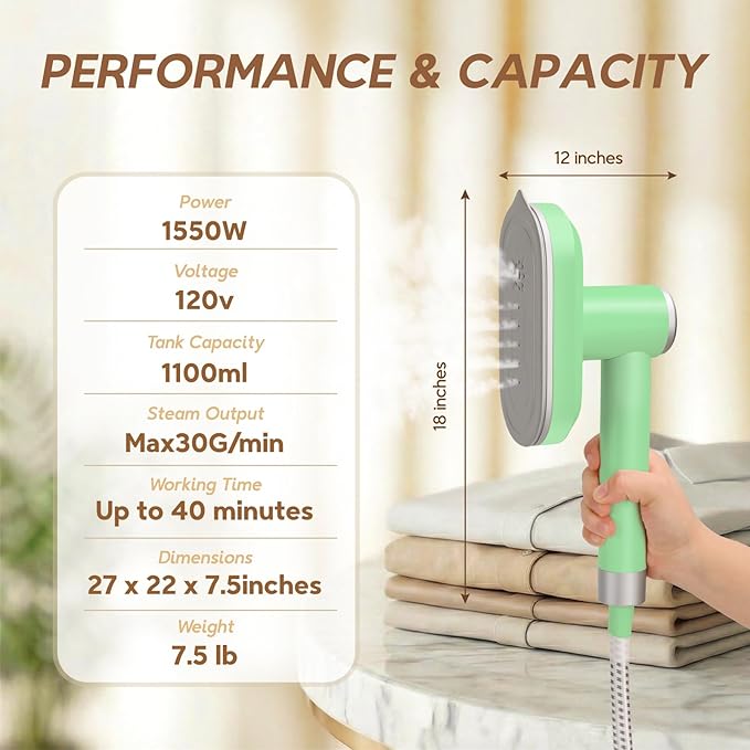 2 In 1 Steamer for Clothes: 1550W Powerful Steamer with 1100ml Detachable Tank, 30s Fast Heat-Up, Horizontal & Vertical Use, Portable Wrinkle Remover for Clothes Drapes Bedding (Green)